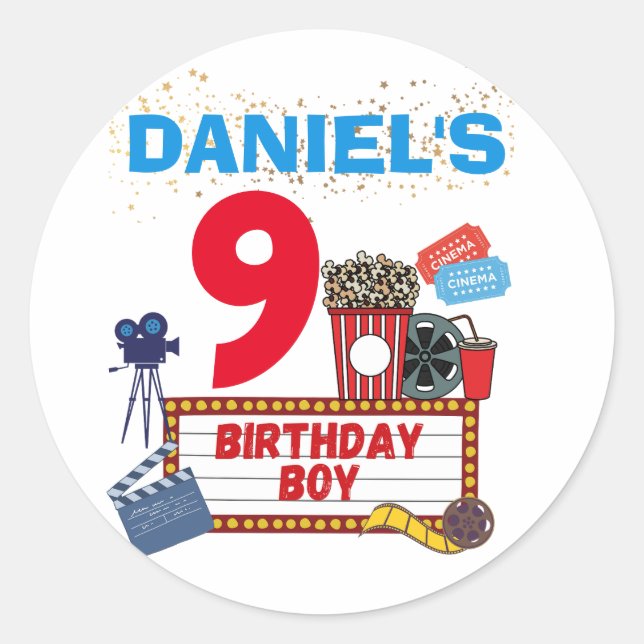 Movie Night Cinema Birthday Boy Theme Party  Classic Round Sticker (Front)