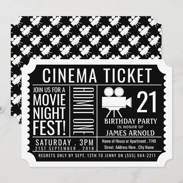 Movie Night Fest, Cinema Ticket, Birthday Party Invitation (Front/Back)