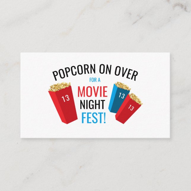 Movie Night Fest Popcorn Box Birthday Party Ticket Enclosure Card (Front)
