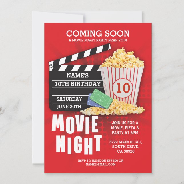 Movie Night Film Cinema Birthday Party Red Invite (Front)