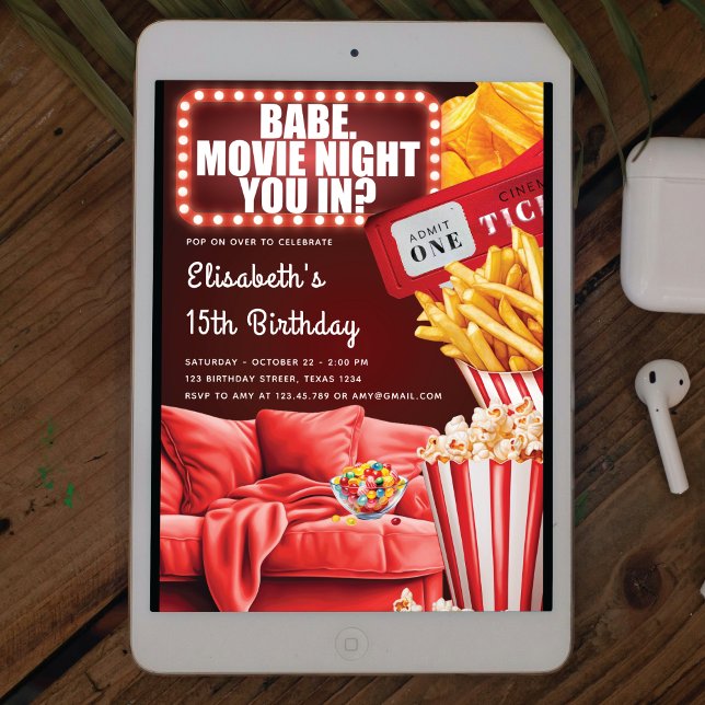 Movie Night Girl Teenage Birthday Invitation (Creator Uploaded)