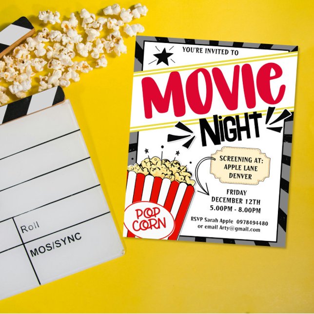 Movie Night Invite Editable Film Party popcorn Flyer (Creator Uploaded)