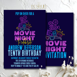 Movie Night Neon Birthday Glow Party Cinema Invitation