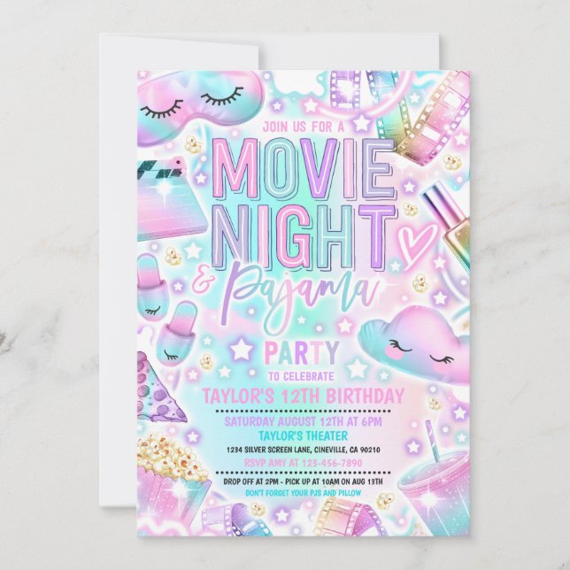 Movie Night Pajama Pastel Rainbow Birthday Party Invitation (Front)