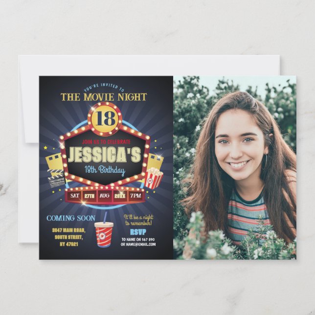 Movie Night Party Birthday Popcorn Film Photo Invitation (Front)