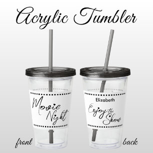 Movie night personalised name white black acrylic tumbler