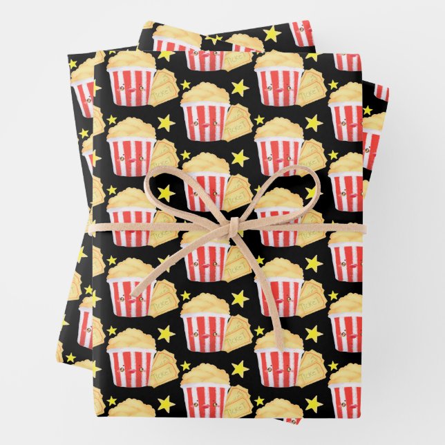 Movie Night Popcorn And Tickets Wrapping Paper Sheet (In situ)
