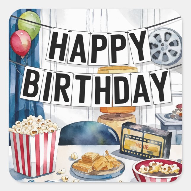 Movie Night Popcorn Birthday Party Square Sticker (Front)