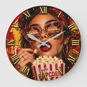 Movie Night Popcorn Fashion Woman Portrait Large Clock