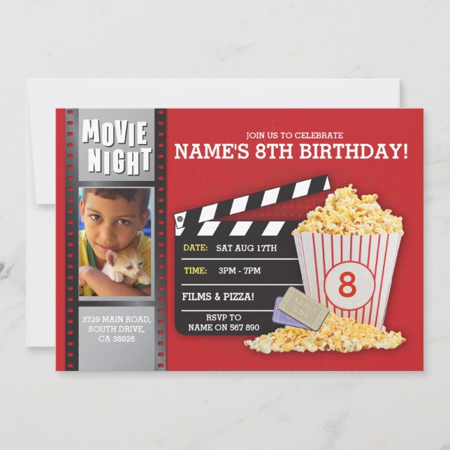 Movie Night Red Cinema Birthday Party Photo Invitation (Front)