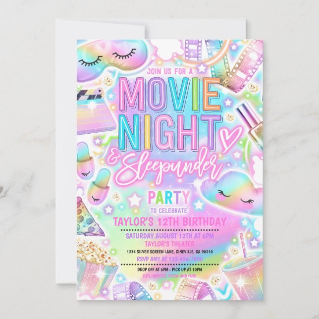Movie Night Sleepunder Pastel Rainbow Birthday Invitation (Front)