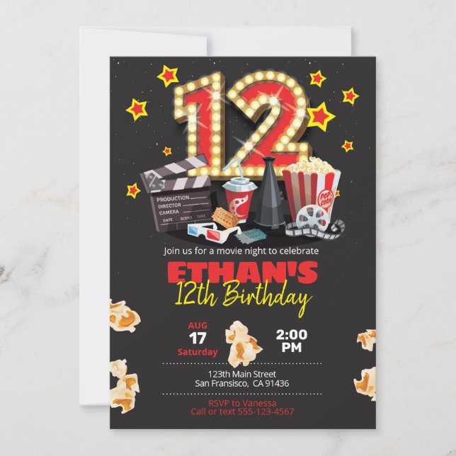 Movie night, Theatre - 12th Birthday Invitation (Front)