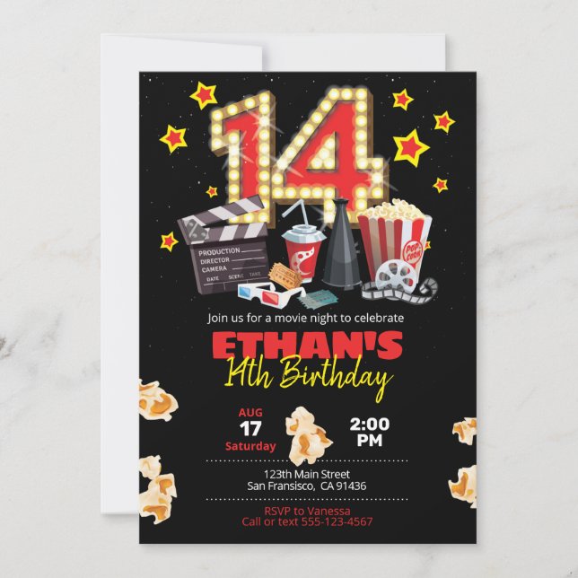 Movie night, Theatre - 14th Birthday Invitation (Front)