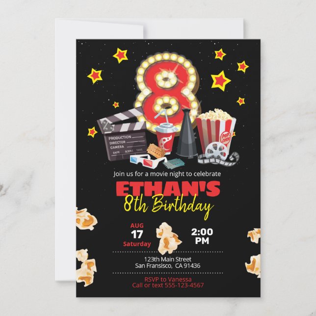 Movie night, Theatre - 8th Birthday Invitation (Front)