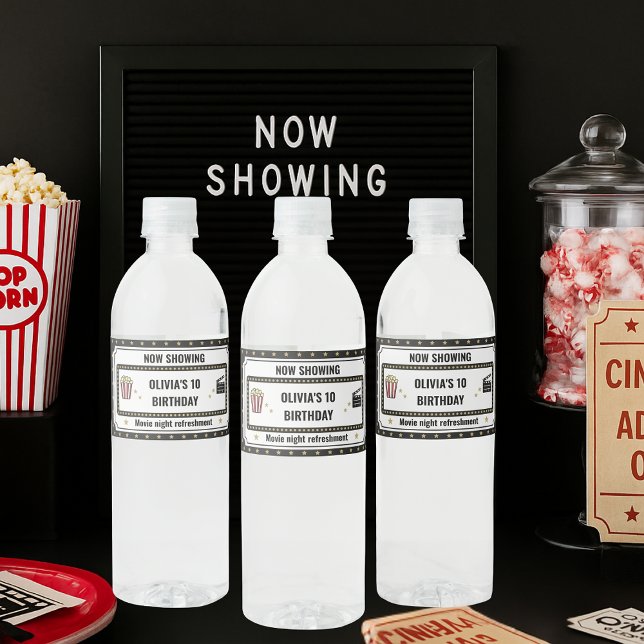 Movie Night W | Now Showing Birthday Party Water Bottle Label (Creator Uploaded)