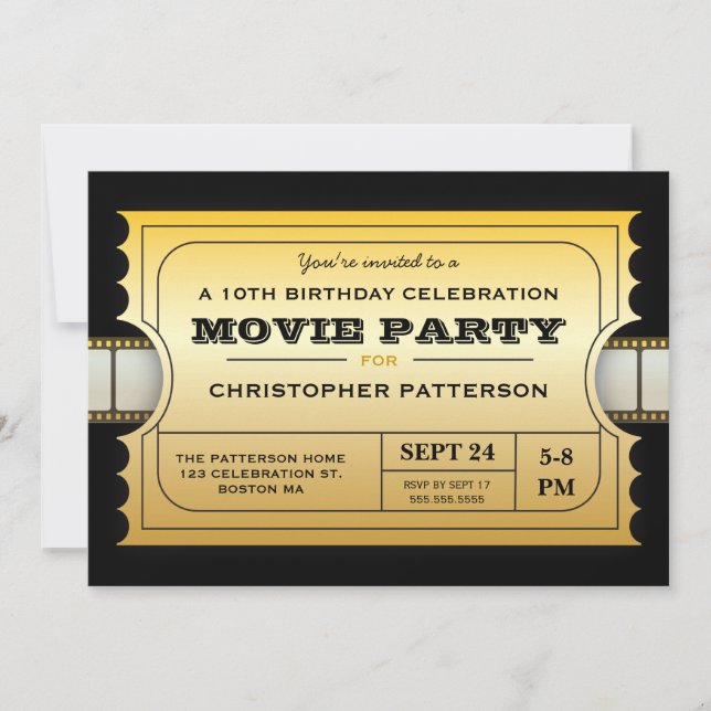 Movie Party Birthday Party Admission Gold Ticket Invitation (Front)