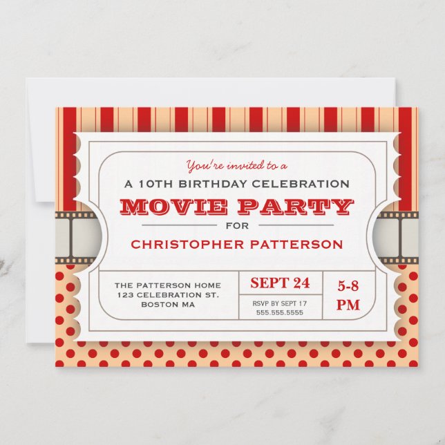 Movie Party Birthday Party Admission Ticket | Red Invitation (Front)
