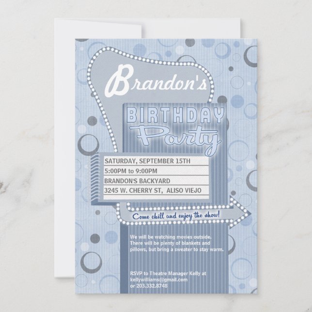 Movie Party Invitation Retro Drive In Marquee (Front)