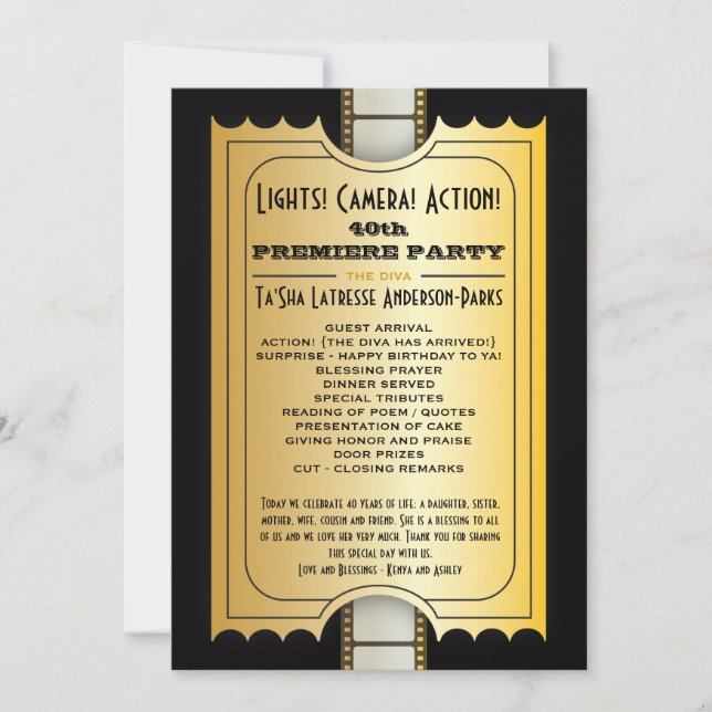 Movie Party Program Golden Admission Ticket Invitation (Front)