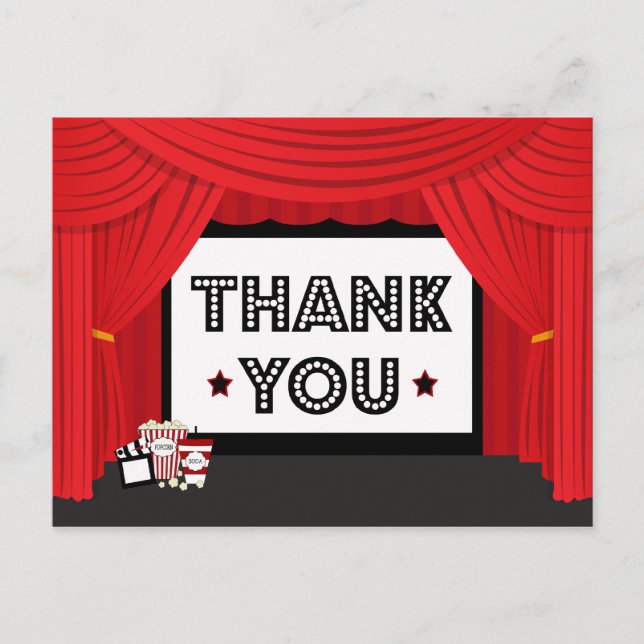 Movie screen and curtain birthday party thank you postcard (Front)
