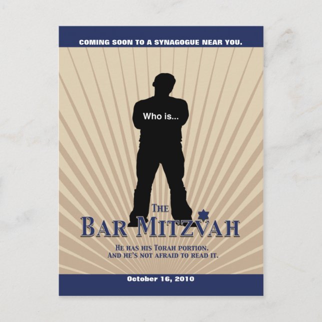 Movie Star Bar Mitzvah Save the Date Tan Navy Blue Announcement Postcard (Front)