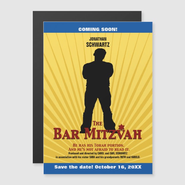 Movie Star Bar Mitzvah Save the Date Yellow Blue Magnetic Invitation (Front/Back)