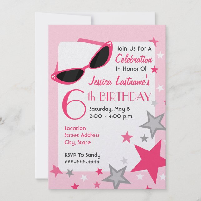 Movie Star Pink Sunglasses & Stars Girl's Birthday Invitation (Front)
