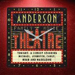 Movie Theater Marquee Home Cinema | Custom Name Square Wall Clock<br><div class="desc">Enjoy family movie night in style with this original theater / theater square wall clock. Made to look like a retro cinema marquee with faux (printed) lights and lots of sparkle, this personalized clock is the perfect ritzy accessory for any movie buff. The main color scheme is red, gold and...</div>