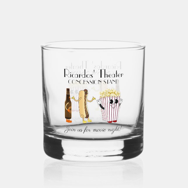 Movie Theatre Concession Stand Hotdog Popcorn Rock Whiskey Glass (Front)