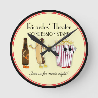 Movie Theatre Concession Stand Hotdog Popcorn Round Clock