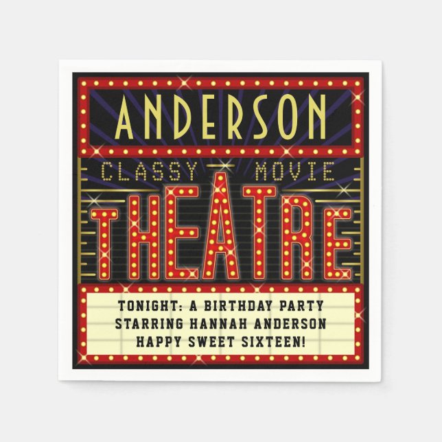 Movie Theatre Marquee Cinema Birthday Party | Name Napkin (Front)