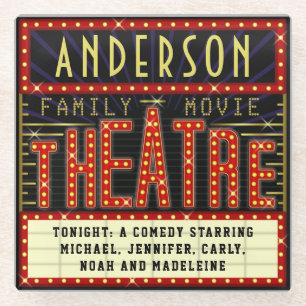 Movie Theatre Marquee Home Cinema Custom Name Glass Coaster