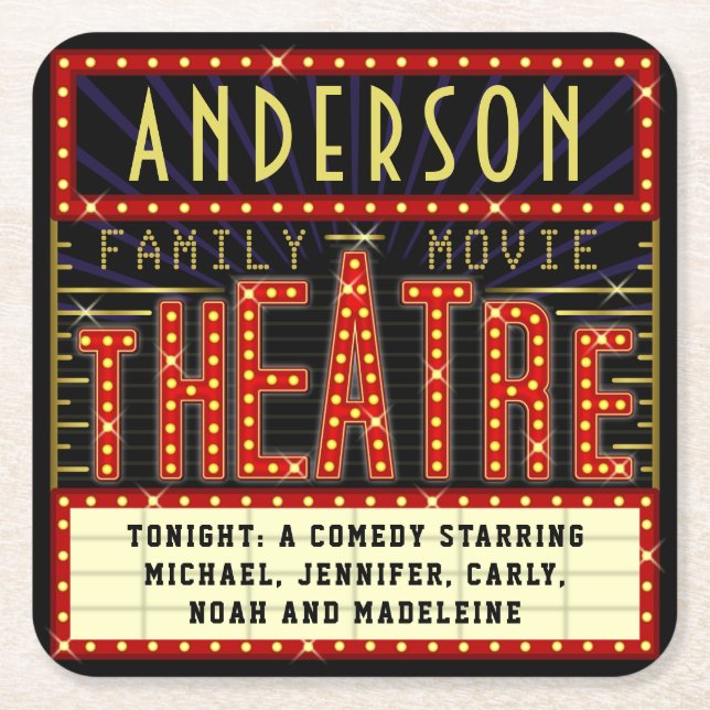 Movie Theatre Marquee Home Cinema | Custom Name Square Paper Coaster (Front)