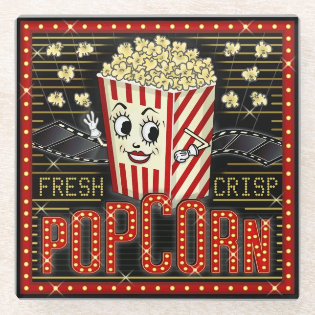 Movie Theatre Marquee Home Cinema Popcorn Custom Glass Coaster (Front)