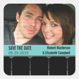Movie Theatre Photo Save the Date Stickers, Aqua Square Sticker