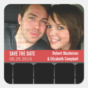 Movie Theatre Photo Save the Date Stickers, Red Square Sticker