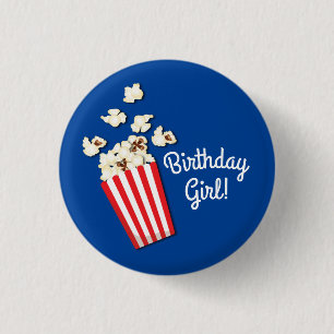 Movie Theatre Popcorn Birthday Girl Party Button