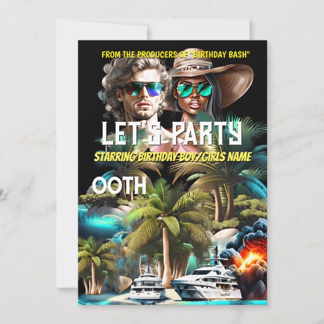 Movie theme beach island super hero adults party invitation (Front)