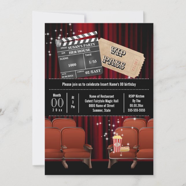 Movie theme inside cinema ticket popcorn party invitation (Front)