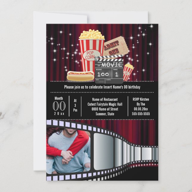 Movie theme photo strip cinema popcorn party invitation (Front)