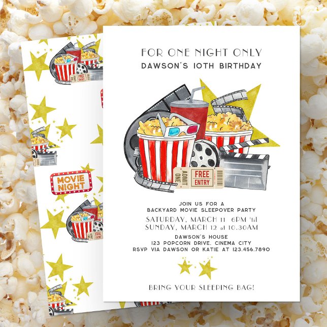 Movie Themed Backyard Sleepover Party Birthday Invitation (For One Night Only Backyard Movie Sleepover invite from my Kids Birthday Invitation collection)