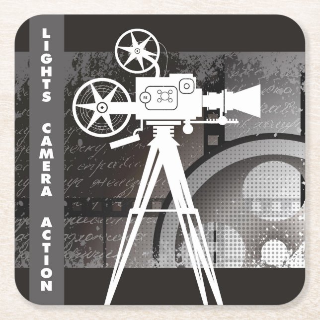Movie Themed, Lights, Camera, Action Disposable Square Paper Coaster (Front)