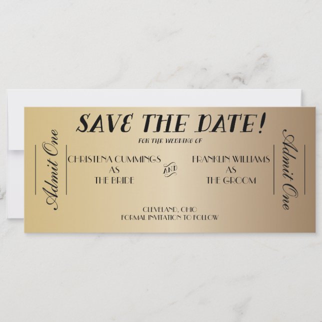 Movie Ticket Save the Date Announcement (Gold) (Front)