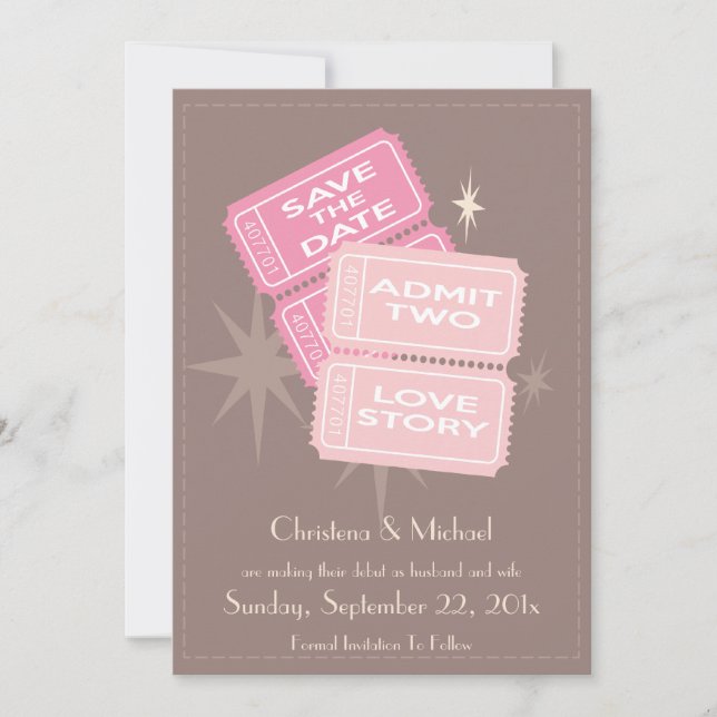 Movie Tickets Save the Date Card (Brown) (Front)