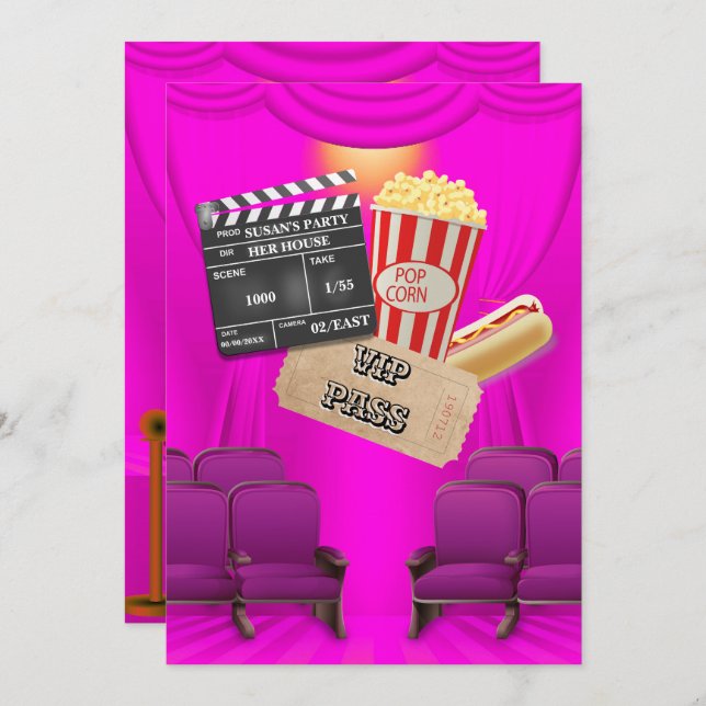 Movie VIP popcorn ticket clapper board girls party Invitation (Front/Back)