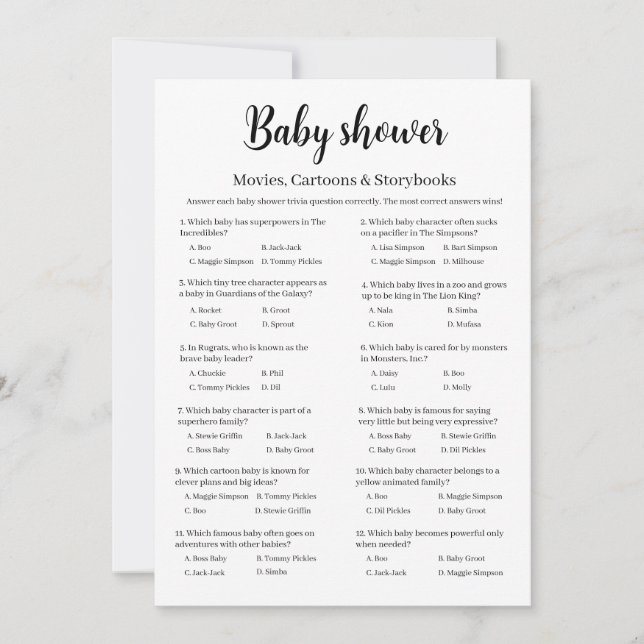 Movies Cartoons Storybooks Baby Shower Trivia Game Invitation (Front)