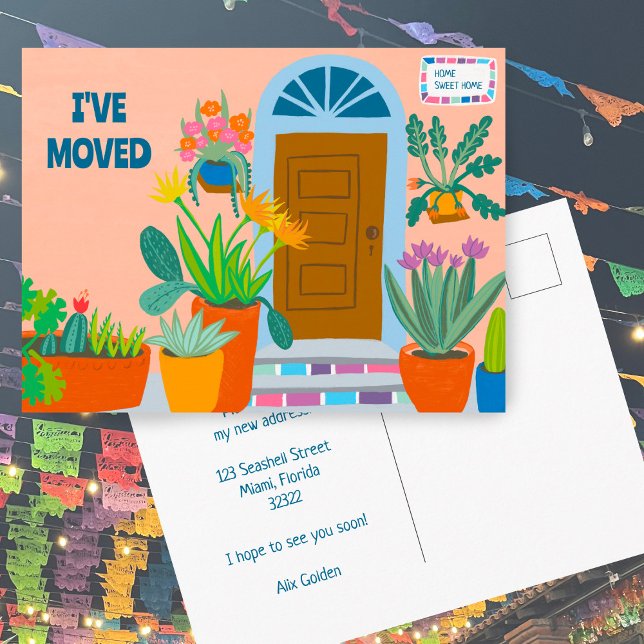 Moving Announcement Address Colourful Front Door  Postcard (Moving Announcement New Address Change Colorful Front Door Custom Postcard)