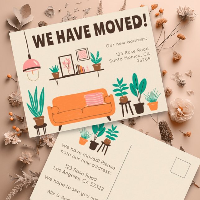 Moving Announcement Address Cute Living Room Sofa  Postcard (Customize this cute modern moving announcement postcard w your own details. Livingroom illustration)