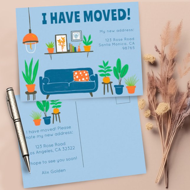 Moving Announcement Address Cute Living Room Sofa  Postcard (Sweet custom moving announcement postcards with living room illustration)