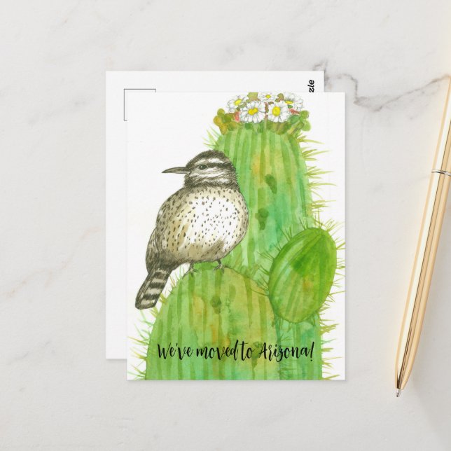 Moving Announcement Arizona Cactus Wren Bird Postcard (Front/Back In Situ)